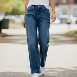 NWT Express Embellished Straight Leg Jeans Women 6‎ Dark Wash Studded Side Seam